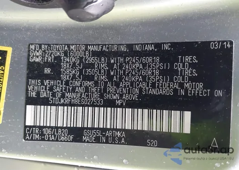 2014 Toyota Highlander Xle V6 из США, поврежденный, VIN 5TDJKRFH8ES027533